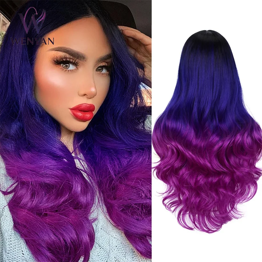 26inch Ombre Black Root Purple Magenta Long Body Wave Synthetic Wig  Custom Hairstyle Heat Resistant Wig