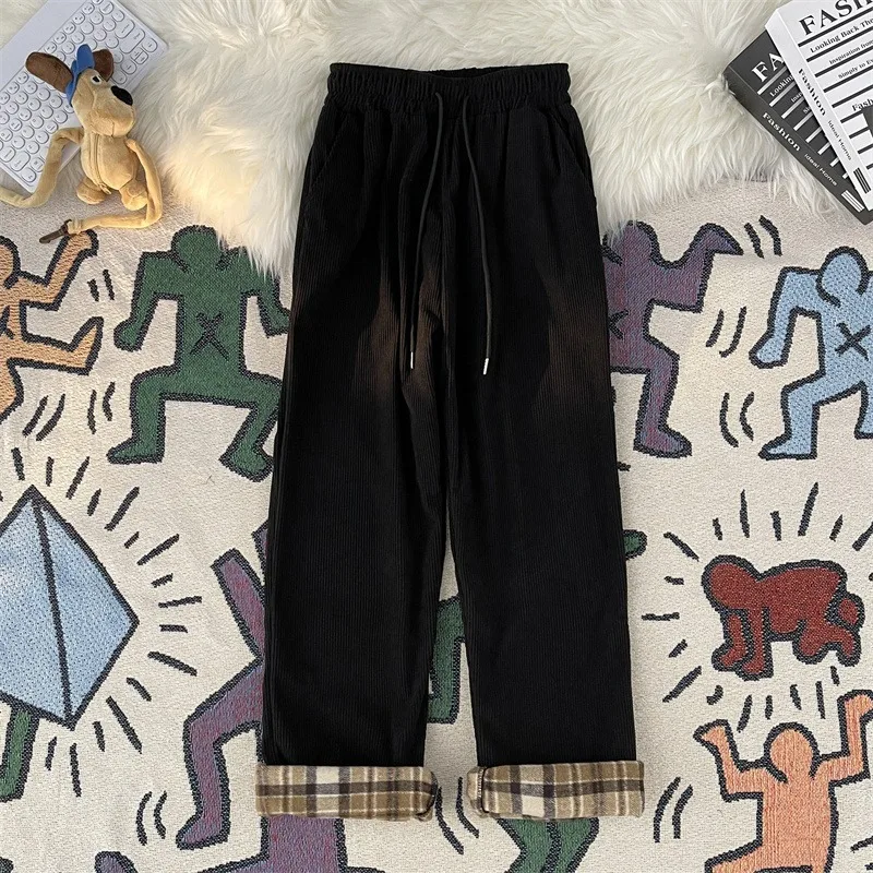 

Korean Version Man Pants Contrasting Checkered Edges Korean Popular Clothes Men Wide Leg Pants Tide Couple Model Corduroy Men's