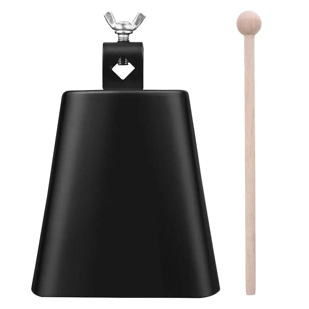 Giocattolo a percussione sicuro con campanaccio nero Piccolo creatore di rumore con bastone Accessorio per tamburo educativo in metallo Bacchetta pratica in legno