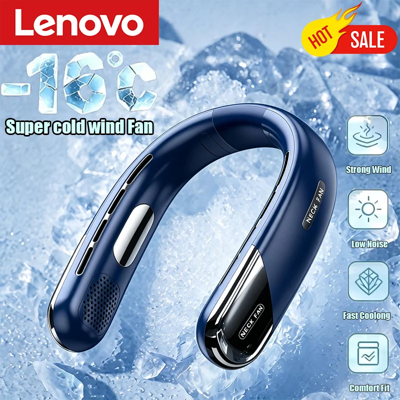  Ventilateur de cou portable Lenovo 10000 mAh, sans pales, silencieux, rechargeable USB, 3 vitesses, ventilateur électrique sans fil pour le cou, modèle 2026 Nouveau