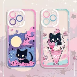 Cute Cartoon Black Cat Art Phone Case for IPhone 16 15 14 13 12 11 Pro Max Mini XS X 7 8Plus Clear Soft Cover Funny Animal Funda