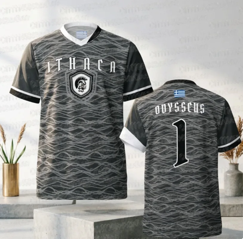 The Odyssey King of Ithaca Odysseus #1 Sports Jersey ITHACA Spartan Warrior Emblem Short Sleeve Soccer Jersey FamilyMatching