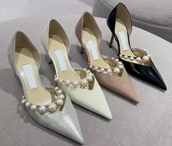 Carpaton Pointed Toe Patent Leather High Heel Shoes Women Sexy Thin heels Pumps White Pearls Beaded Dress Shoes White Black Nude