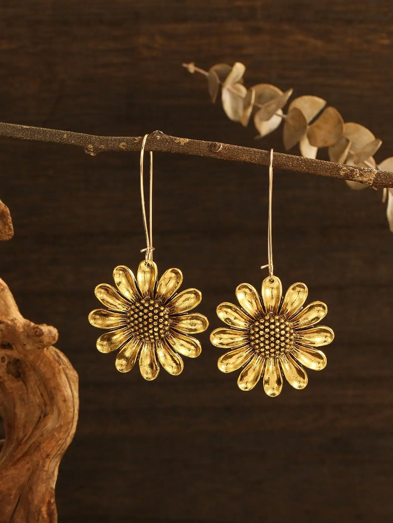 Luxury Gold Color Sunflower Earrings Large Sunflower Boho Floral Inspiration Statement Earrings Woodland Wedding Hippie Jewelry view 3