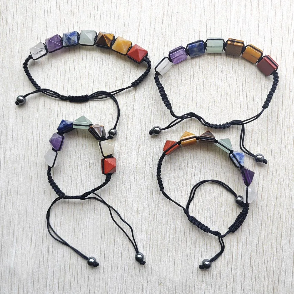 Natural 7 Chakras Stone pyramid Beads String Braided Reiki Healing Handmade Bracelet & Bangles Gifts jewelry Wholesale 4pcs