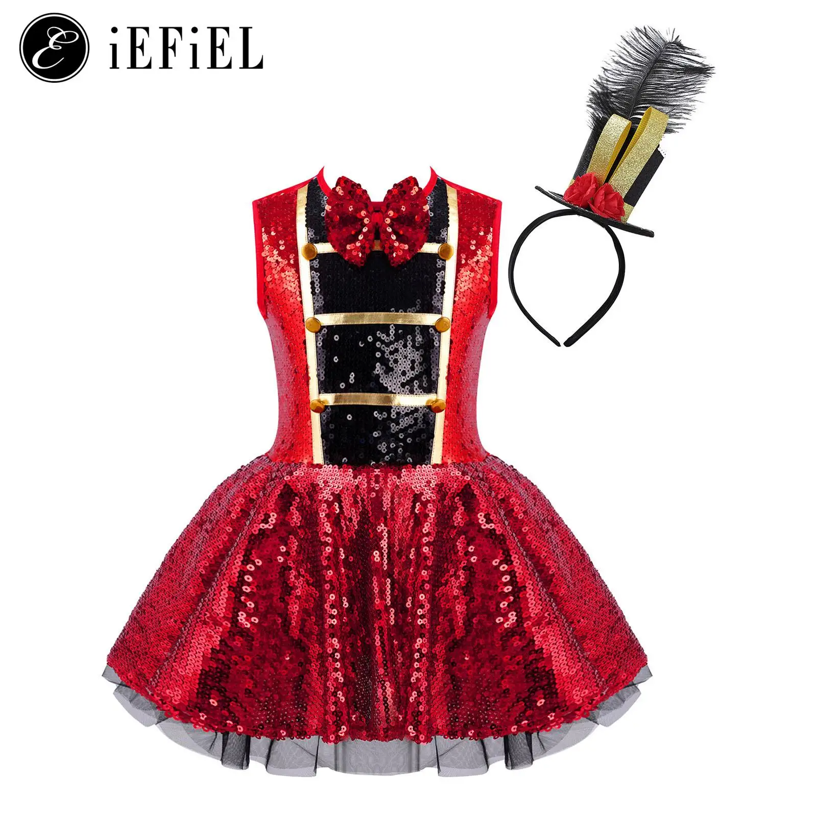 

Girls Sequins Ringmaster Circus Show Costume Sleeveless Bowtie Ballet Dance Dress with Steampunk Feather Hat Halloween Dress Up