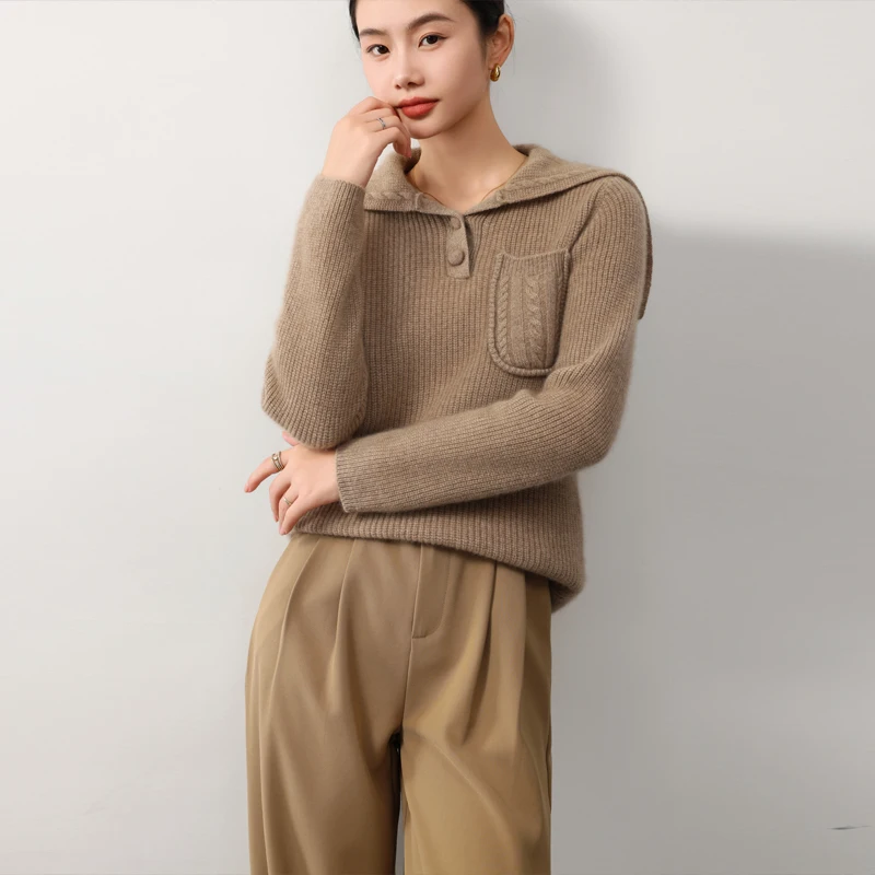 

Pure Wool Knitted Sweater For Women's Navy Collar. Button Up Half Cardigan Casual Solid Color Slim Fit Top