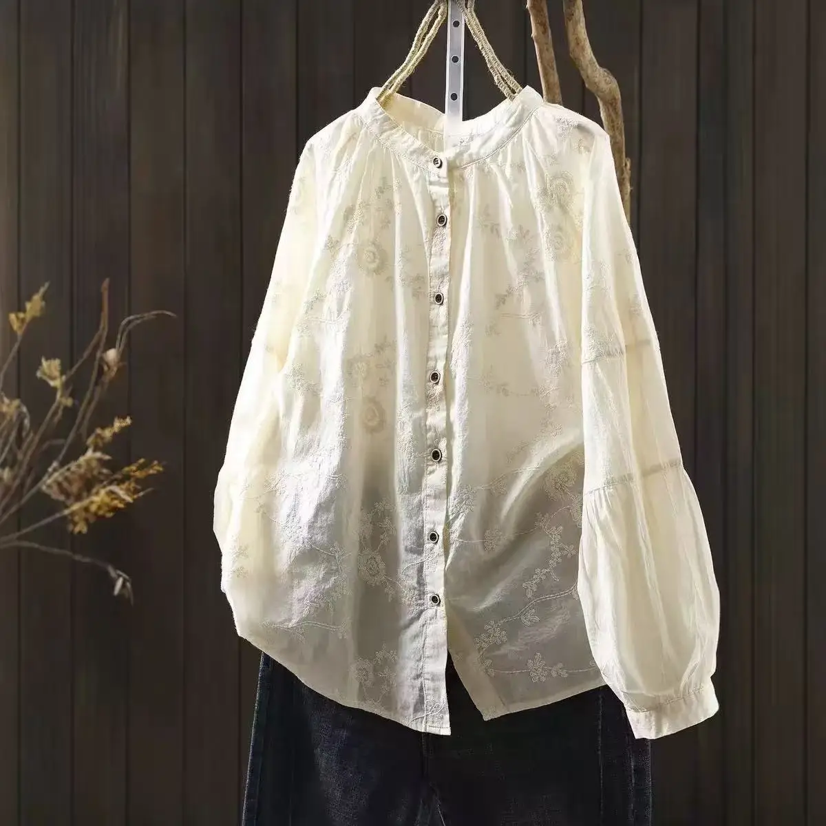 2026 Women Japanese Style White Beige Embroidery Shirts Long Sleeve Blouses Boho Cotton Blusas Femininas Shirt Mujer