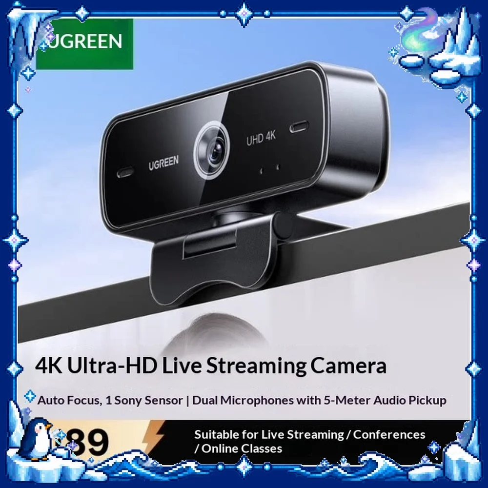UGREEN 16000 USB Webcam 4K 30fps 8MP Autofocus Dual Microphones for Video Calls Live Streaming and Online Meetings