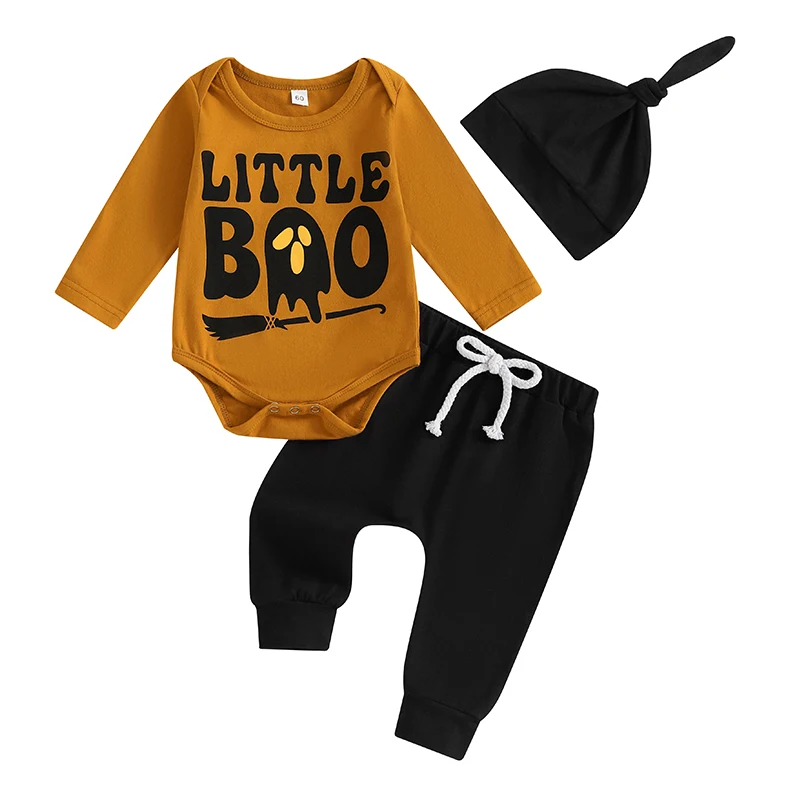 

Halloween Toddler Infant Baby Romper Outfit Long Sleeve Pumpkin Pattern Funny Letter Top Pants Hat 3Pcs Fall Clothes