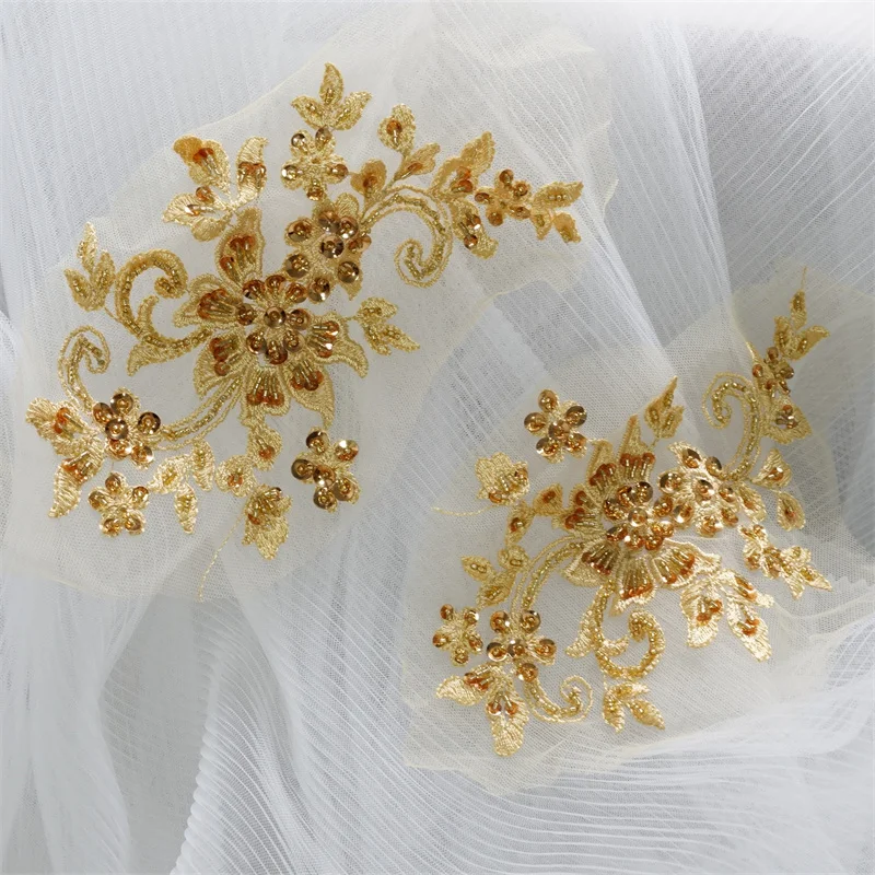 1 pair Golden sequins Patch Embroidery Flower Pair DIY Sew On Applique for Jeans Pants Dress Costume Accessories jackets