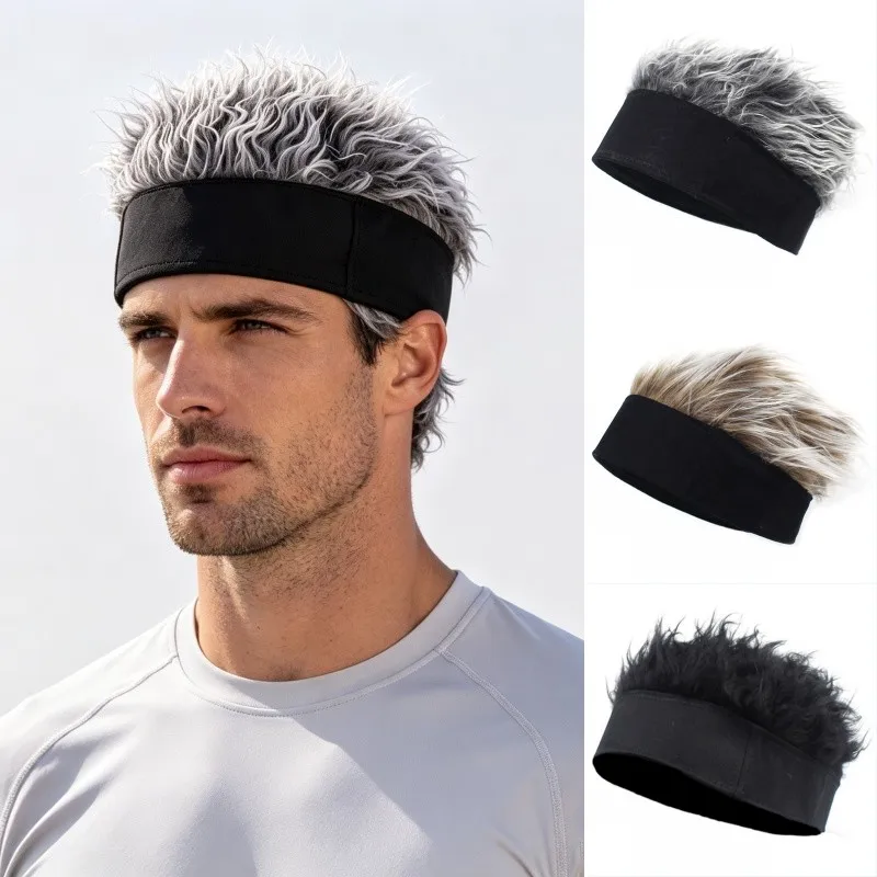 Men Synthetic Wig Spiked Hair Skull Beanie Cap Fake Short Hair Sports Running Headband Hat Hip Hop Cosplay Party Wigs Headwear