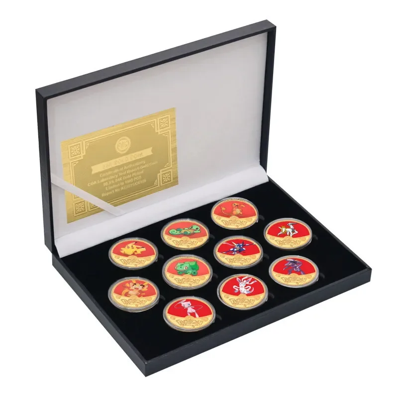 

NEW Pokemon 10style Coins Metal Silver Coins Pikachu Golden Cards Commemorative Coin Charizard Round Metal Coin Kid Toy Gift Box