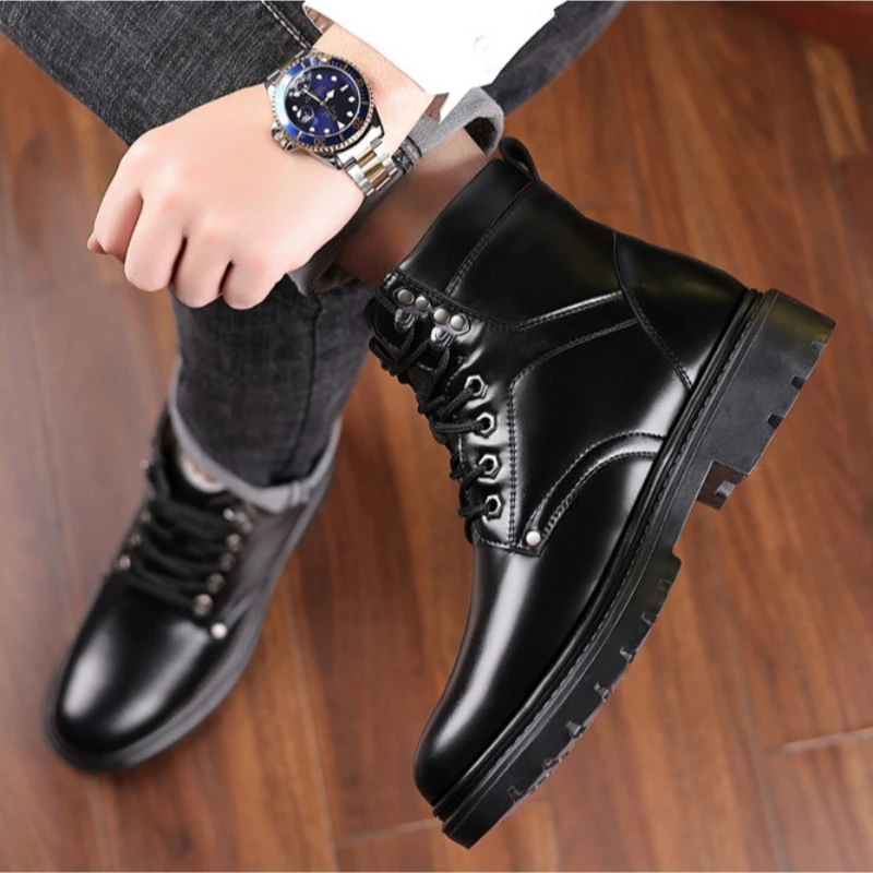 Winter Cow Leather Platform Boots for Men New Soft-soled Designer Warm Cotton Shoes for Men Fashion Casual Ankle Boots Male