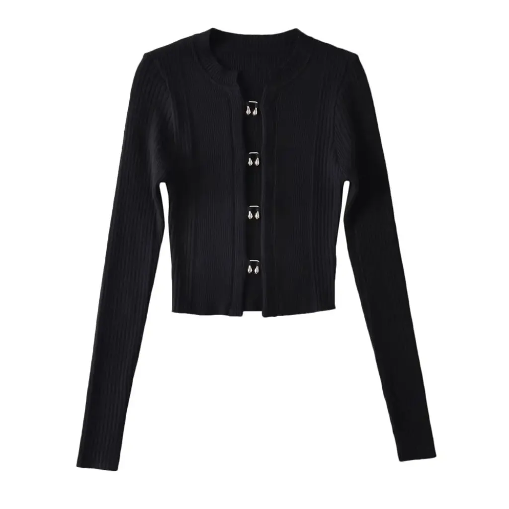 

Spice Girls Women's Knitted Short Sweater Hollow Design Pure Color Small Note Style Autumn Top