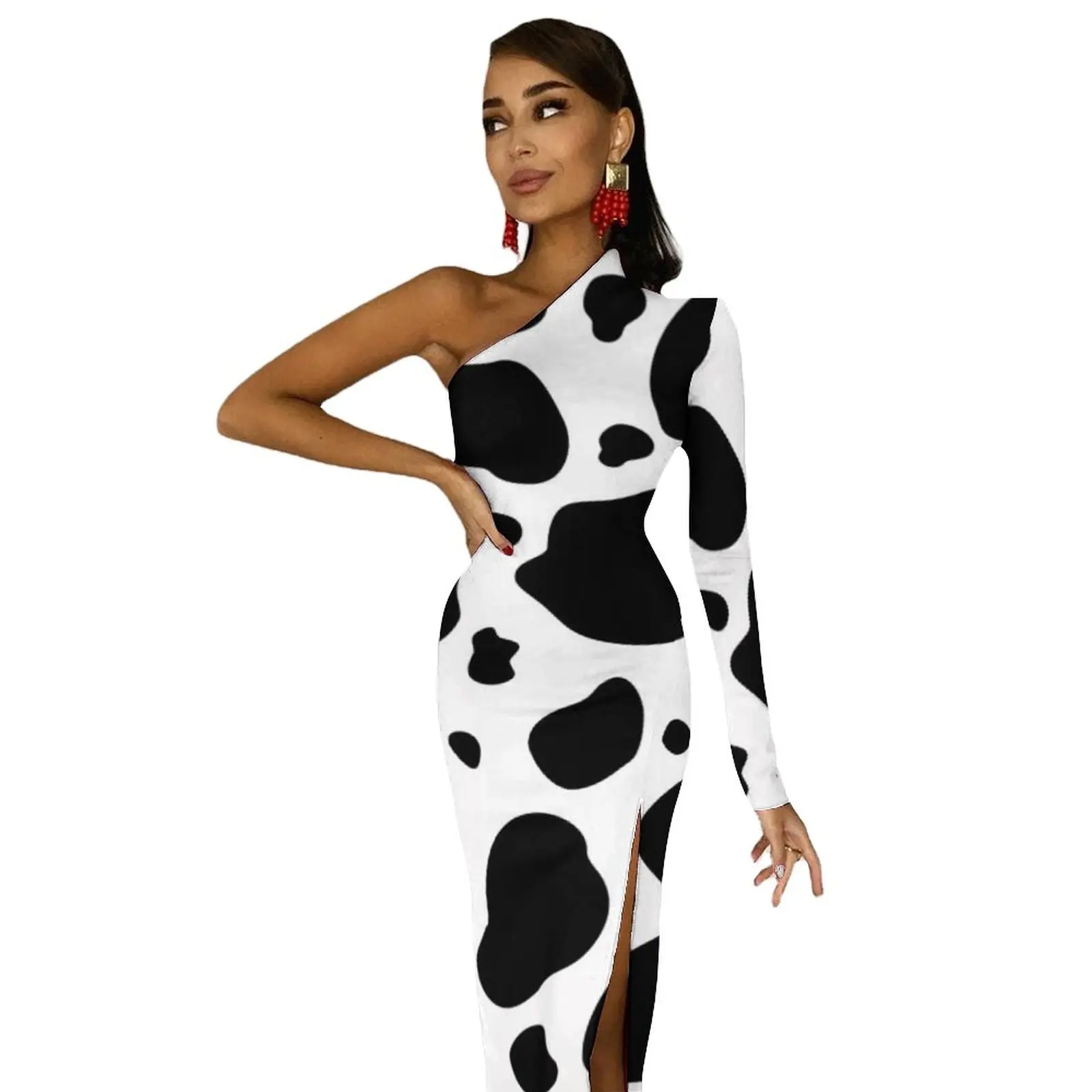 Black And White Cow Print Maxi Dress Cow Spots Pattern Party Bodycon Dresses Summer High Slit Night Club Dress Female Vestido