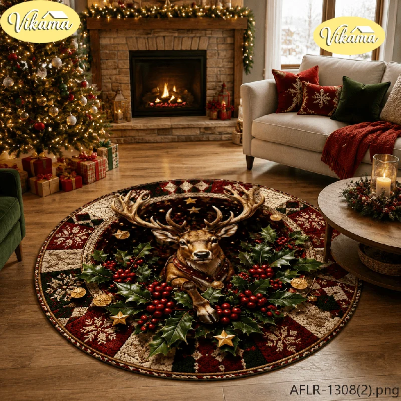 VIKAMA 3D Christmas Reindeer Round Rug Flannel Non Slip Circular Carpet Holly Berry Pattern Living Room Bedroom Floor Mat Xmas