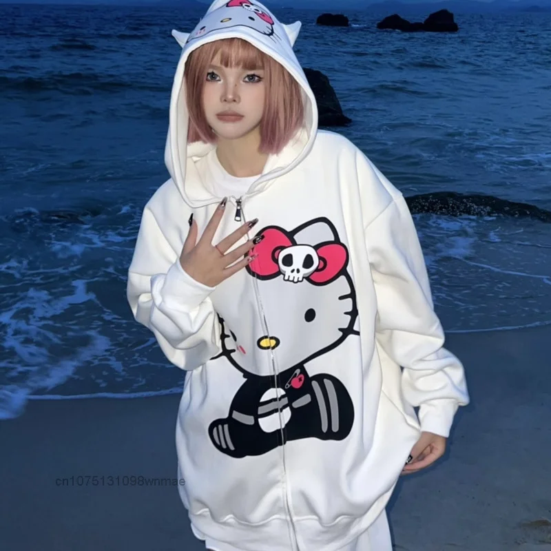 Sanrio 100% Cotton American Zip-up China-Chic Hello Kitty Printed Hoodie Women\'s Loose Zipper Cardigan Coat Hooded Clothes