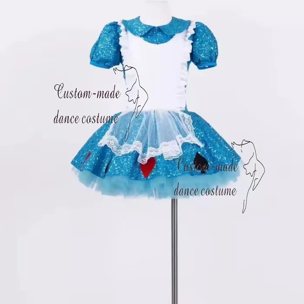 Robe de danse romantique pour filles en dentelle bleue pour spectacles sur scène, jupe de ballet avec manches bouffantes, adorable costume de danse pour filles