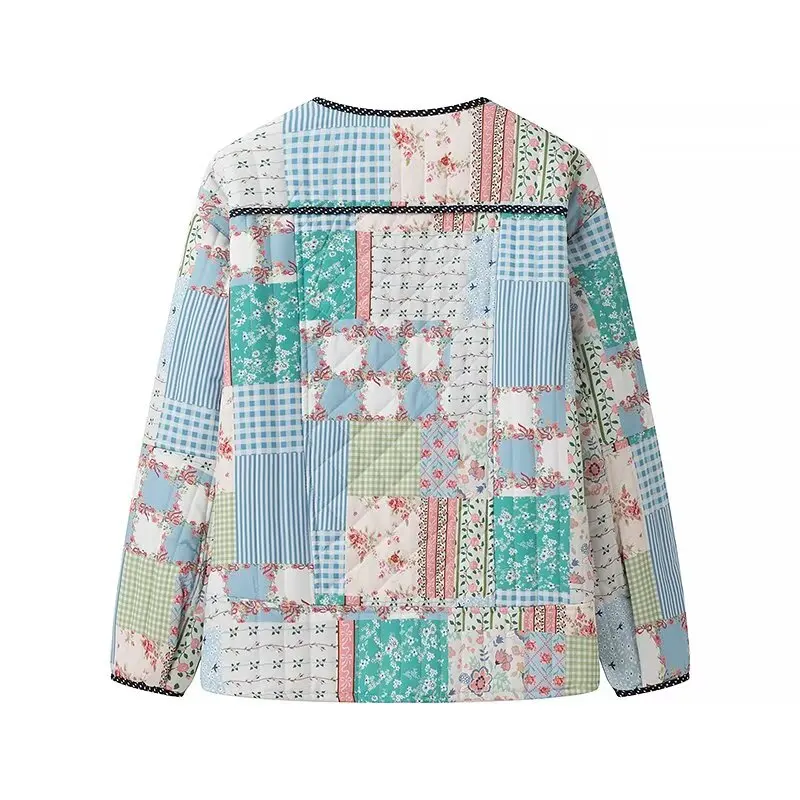 Hh Traf Vrouwen Winter Nieuwe Mode Lange Mouw Print Patchwork Katoenen Jas Vrouw Elegant Warm Single-Breasted Casual Outwear