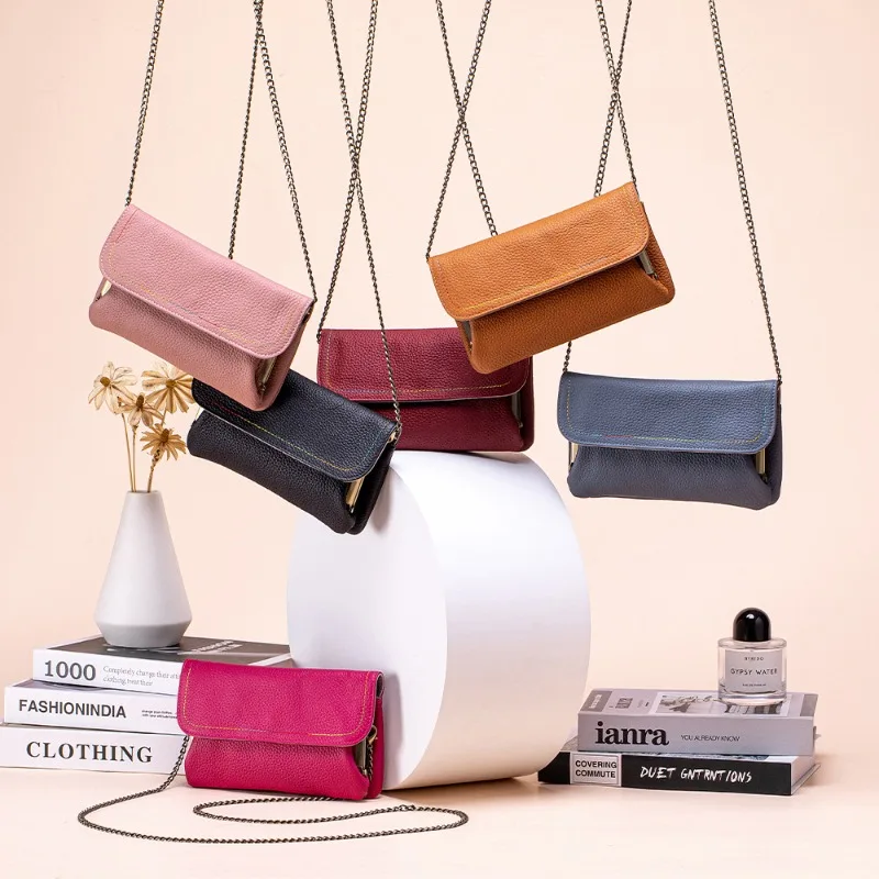 Flap Genuine Leather Clutch & Crossbody Bag for Women, Chain Strap Envelope Purse, Large Capacity Wallet with Cell Phone Pocket