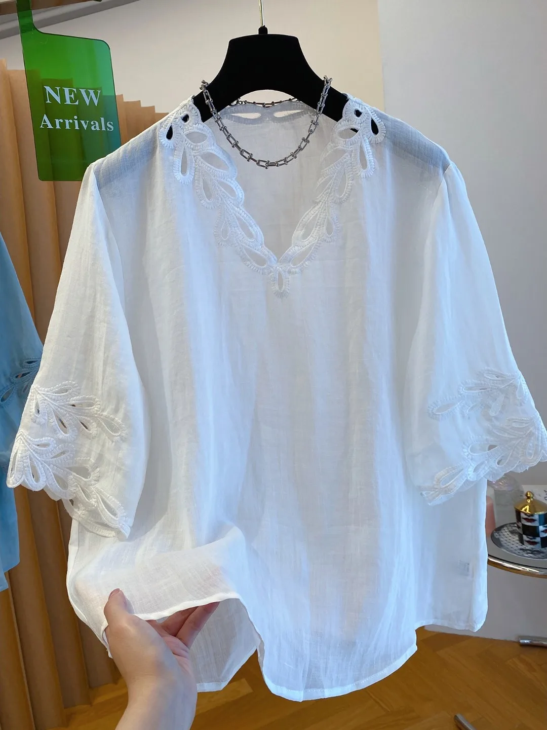 Csa de Lino Hoada Única para Mujer, Manga Corta, Azul, Moderna, Top Pequeño, Corte Recto Vintage, Largo Regular, Color S...