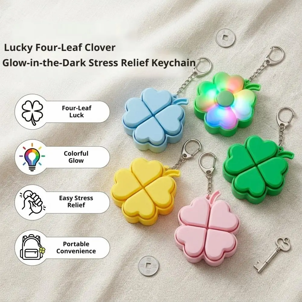 Lucky Four Leaf Clover Keyboard Keychain Flashing Light Mechanical Button Stress Relief Pendant Anxiety Relief Bag Charm Gifts