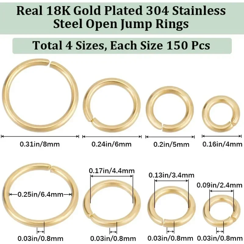 600Pcs 4/5/6/8mm Open Jump Rings 18K Gold Plated Stainless Steel Single Loop Jump Ring Round Connector Rings for Bracelet