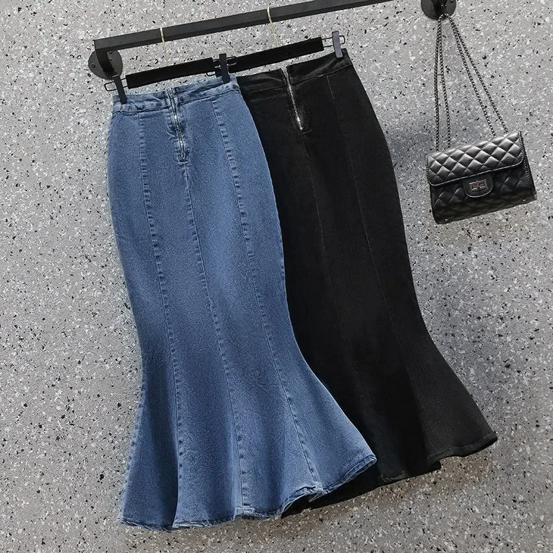 2024 High Waist Mermaid Denim Skirt Women Summer Trumpet Split Long Skirts Woman Korean Style Hip-Wrap Flare Middle Skirt Y2k