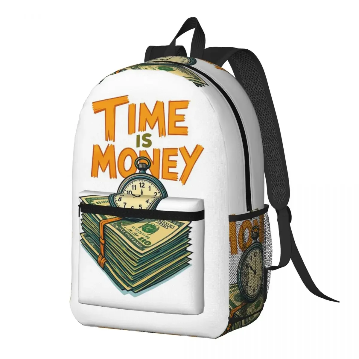 Time Is Money Clock And Currency Print Backpack Daypack Large Capacity Boys Girls BookBag School Bag Shoulder Bags for Men Women