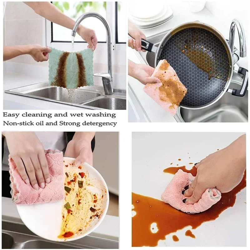 1/5/10pcs Microfiber Towels Double-layer Absorbent Kitchen Cleaning Cloth Non-stick Oil Dish Rags Scouring Pad Home Clean Cloths