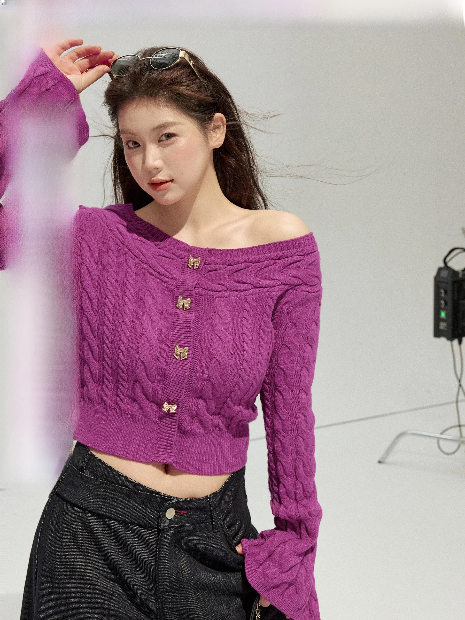 

Juxu Studio ape Bubble ort Sve Knitwear plus Size oulder Bared Sweater Twisted Yarn Micro Plump Women's Faion