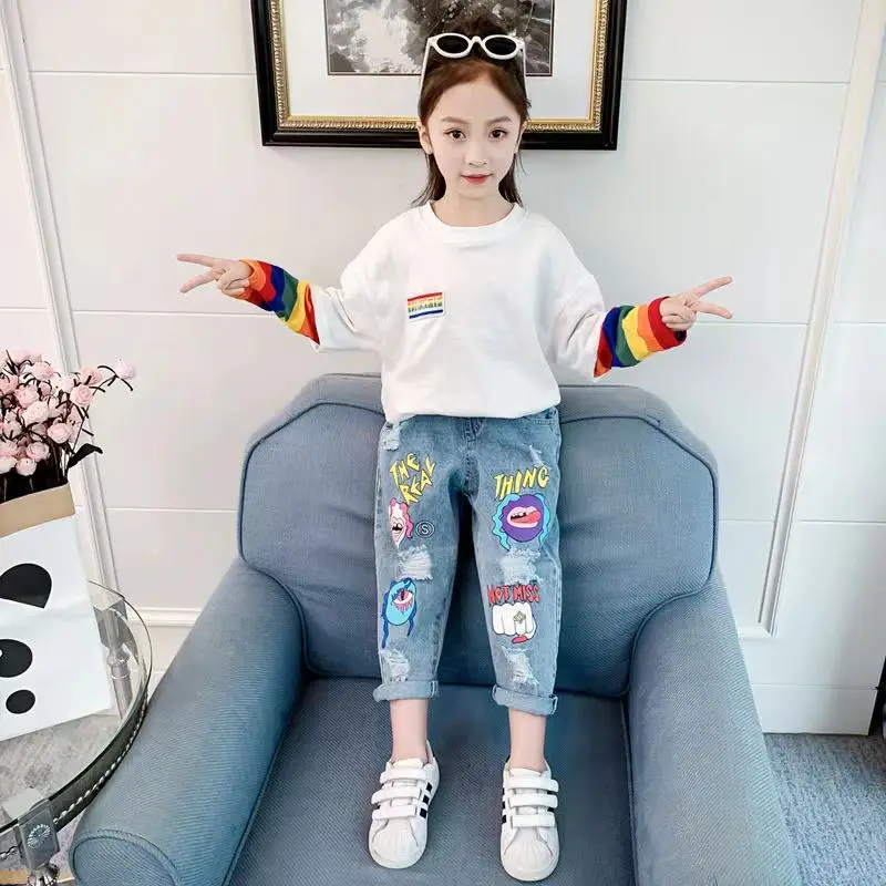 Kids Girls Jeans 2023 New Spring And Autumn Korean Edition Clothing Dad Pants Medium Size Loose Fit Children\'s Perforated Pants