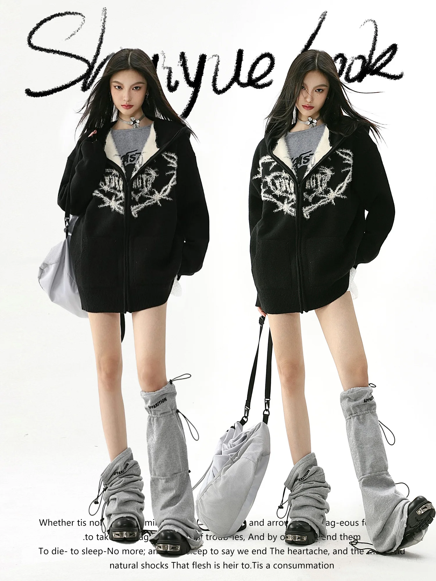 

Graffiti Hoodie Women's Thickened Winter Streetwear Loose Fit Open Cardigan Style Long Sleeve Knitwear