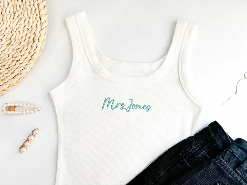 Embroidered Spaghetti Strap Tank Top, Mrs. Tank, Bride T-Shirt, Bridal Shower Gift, Engagement Gift, Bridal Tank Top, Mrs. Baby