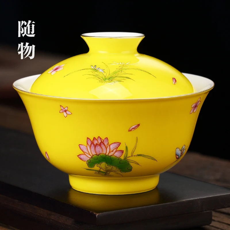 Jingdezhen Enamel Colored Cover Hand-painted Small Women's Hot Pot Ceramic Bowl Sancai Cup Kung Fu Tea Set