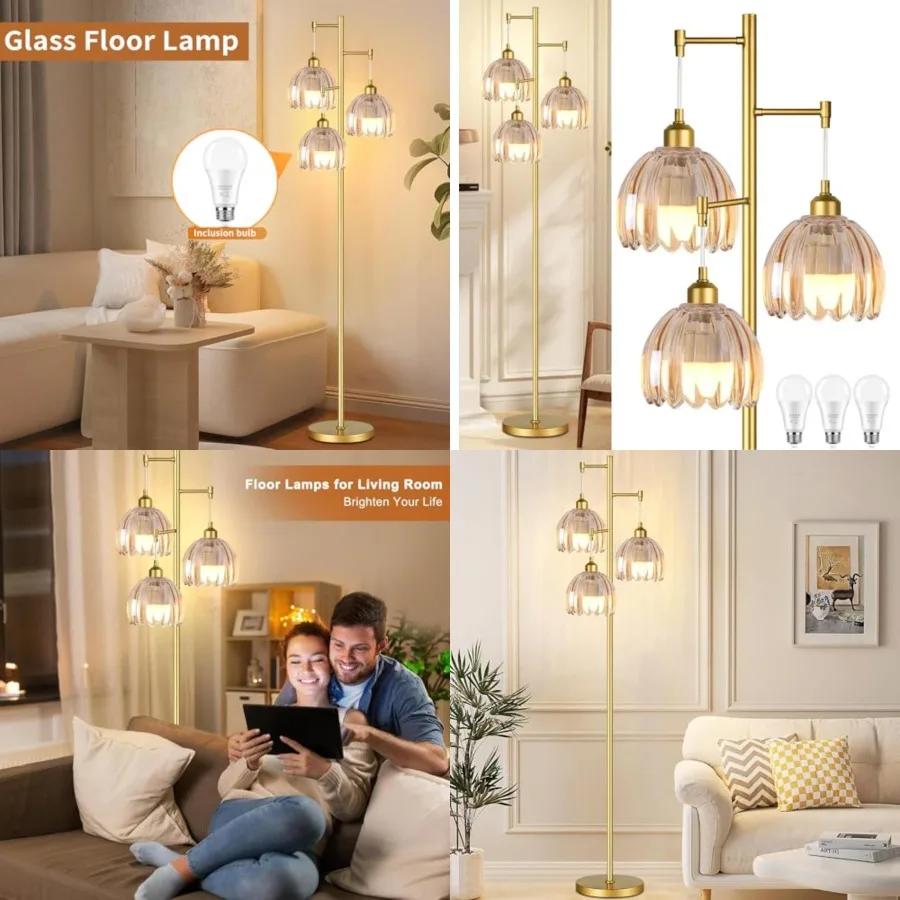 

Gold Floor Lamps for Living Room Vintage Floor Lamp with Glass Lmapshape and Three Led Bulb, Glass Floor Lamps Brass Mid Centur