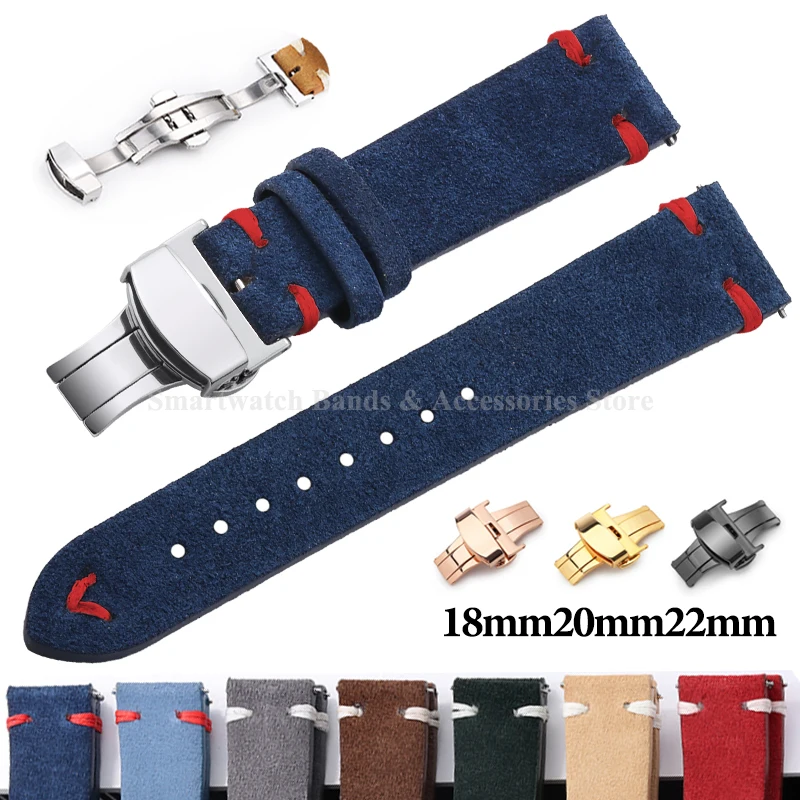 

18mm 20mm 22mm Suede Stitching Leather Watch Strap Quick Release Bracelet Vintage Handmade Wrist Band Folding Clasp Accessories