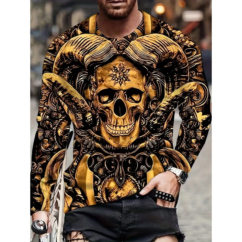 Skeleton Sheep Horn Pattern T-Shirt For Men Tiger Cat Deer 3D Printed T Shirts Autumn Casual Loose O-Neck Tops Tees Long Sleeves