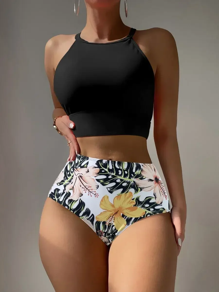 2024 Bikinis de cintura alta para mujer, traje de baño de cuello alto, traje de baño Floral, bañadores femeninos, traje de baño, ropa de playa de verano