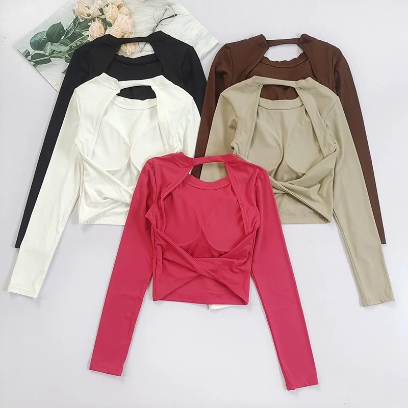 Sexy Back Sports Top for Women Autumn and Winter New Style Big Backless Yoga Suit Spicy Girl Long Sleeved Fitness T-shirt