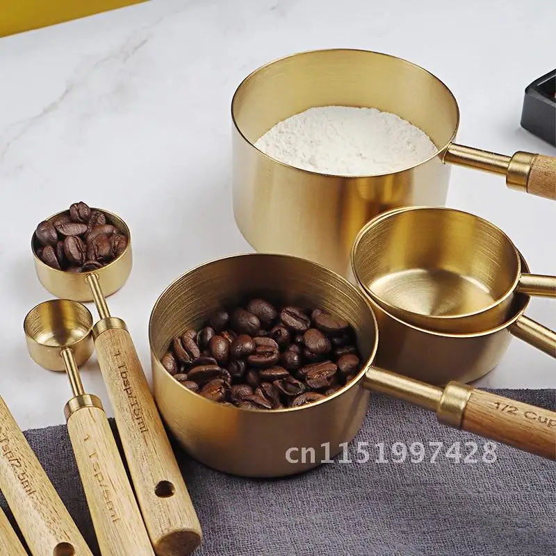 4/8pcs Stainless Steel Measuring Cups And Spoons Wooden Gold Food Coffee Flour Scoop Kitchen Scale Baking Cooking Gadget Sets