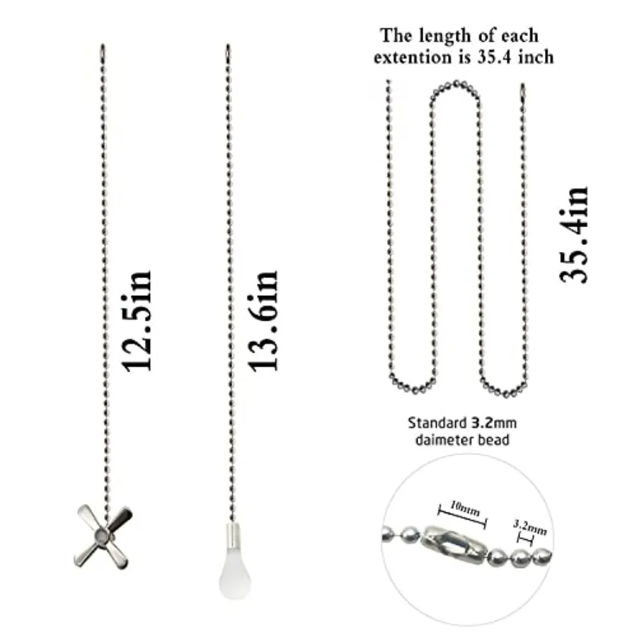 2 Set Silver Ceiling Fan Pull Chain Set Including Extra 35.4 Inches Copper Beaded Ball Fan Pull Chain Extension and Ceiling Fan