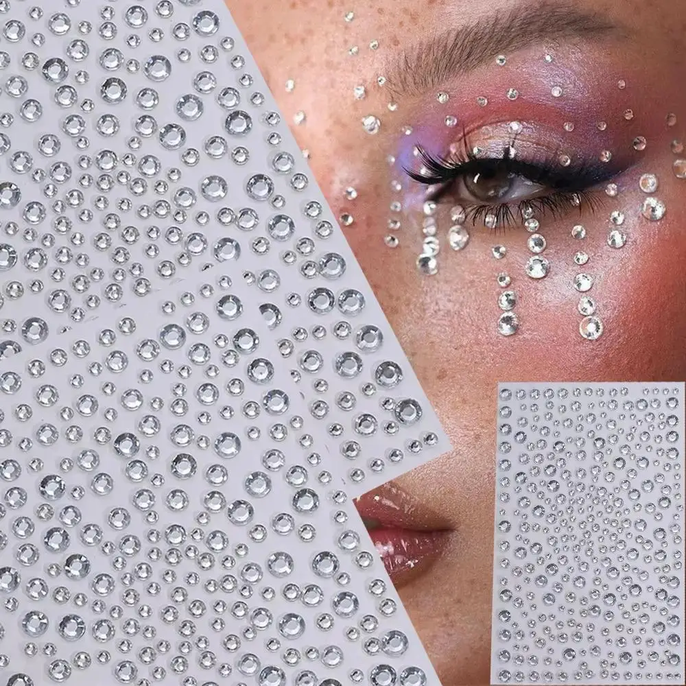 1 Sheet Silver-White Glitter 3D Rhinestones Face Stickers 3/4/5/6mm Round Diamond Body Jewels Makeup Stickers For Eye Face Deco