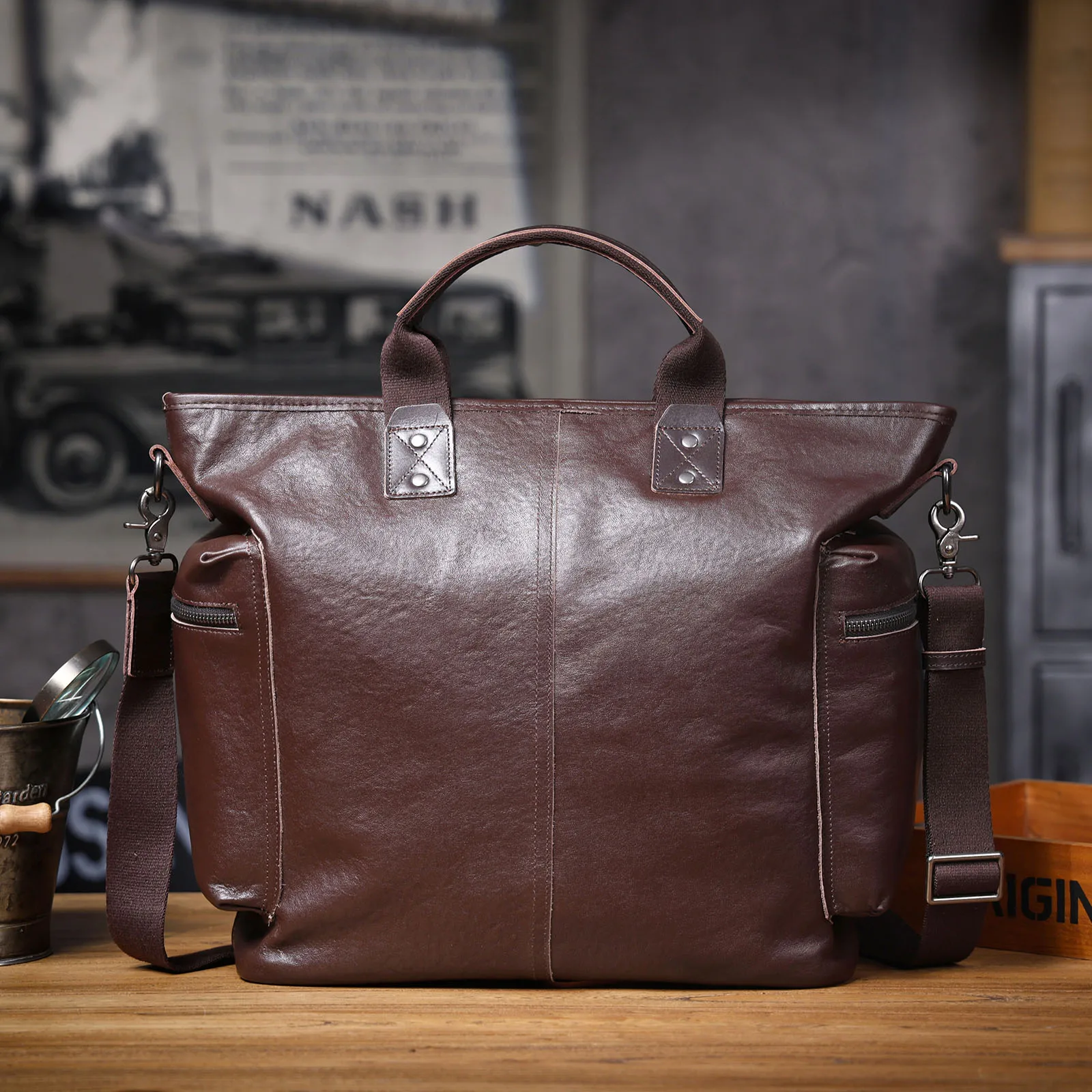 Echtleder Herren-Aktentasche 15 Zoll Laptop-Tasche Einfache Rindsleder-Handtasche Pflanzlich gegerbtes Leder Modischer Casual-Stil – Detail 16