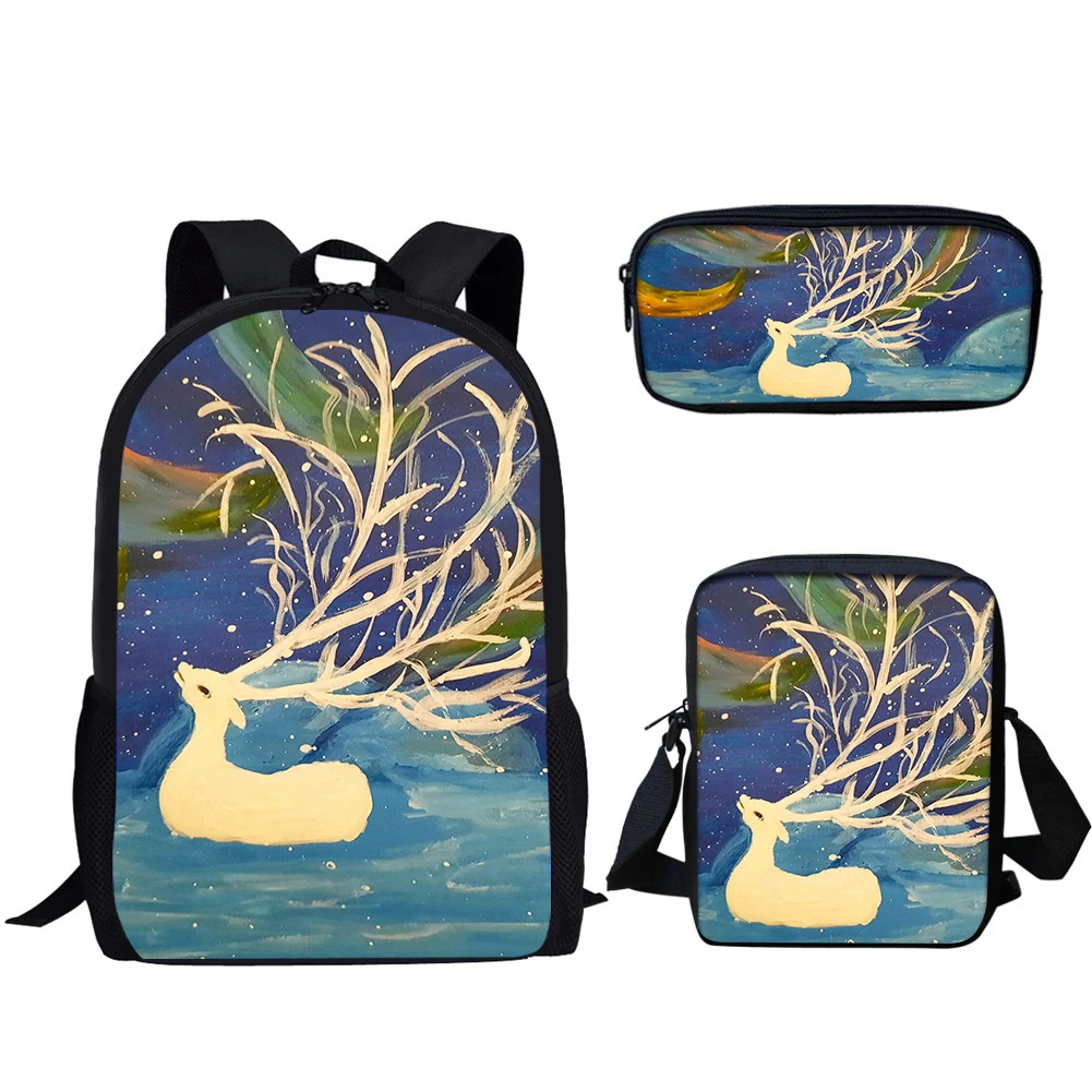 Cool Wild Animal Deer Pattern 3 pcs/Set, mochila con estampado 3D, bolso de hombro para ordenador portátil, estuche para lápices