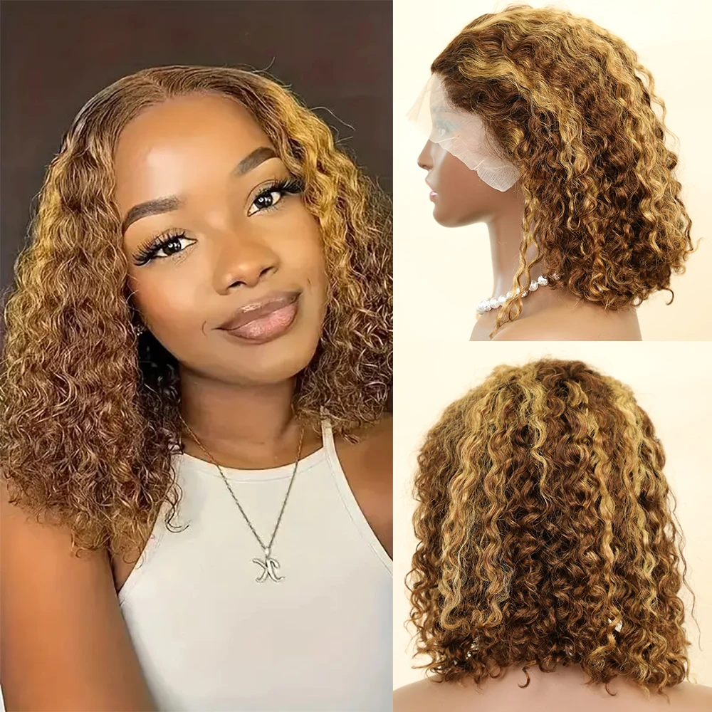 

Water Wave 13x4 Lace Frontal Human Hair Wigs 4/27 Highlight Short Bob Remy Hair Wig Curly Blonde Brown Color Human Hair Bob Wigs