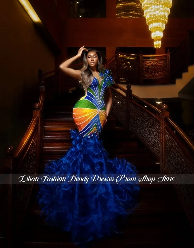 Gorgeous Rainbow Beaded Contrast Wedding Dress Luxurious Mermaid Wedding Gown for Black Bride Red Carpet Evening Gown Customized