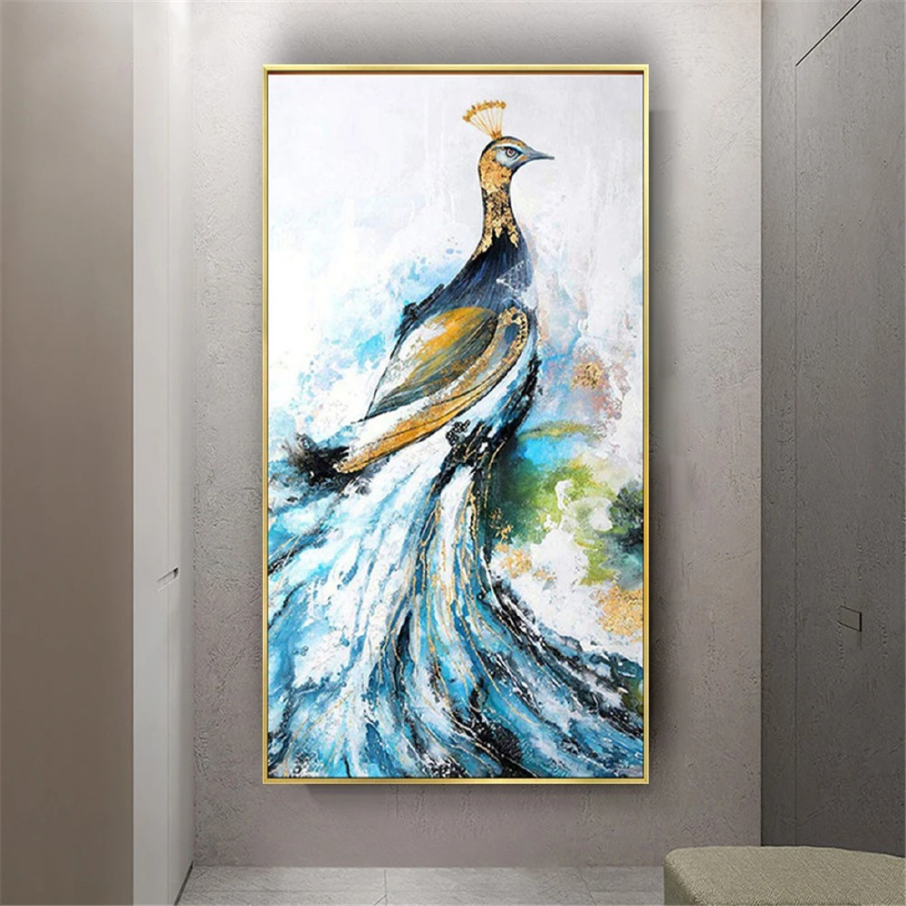 100% Hand-Painted Blue Peacock Oil Painting Gold Wall Art Picture Abstract Bird Canvas Mural Classic Retro Modern Home Decor