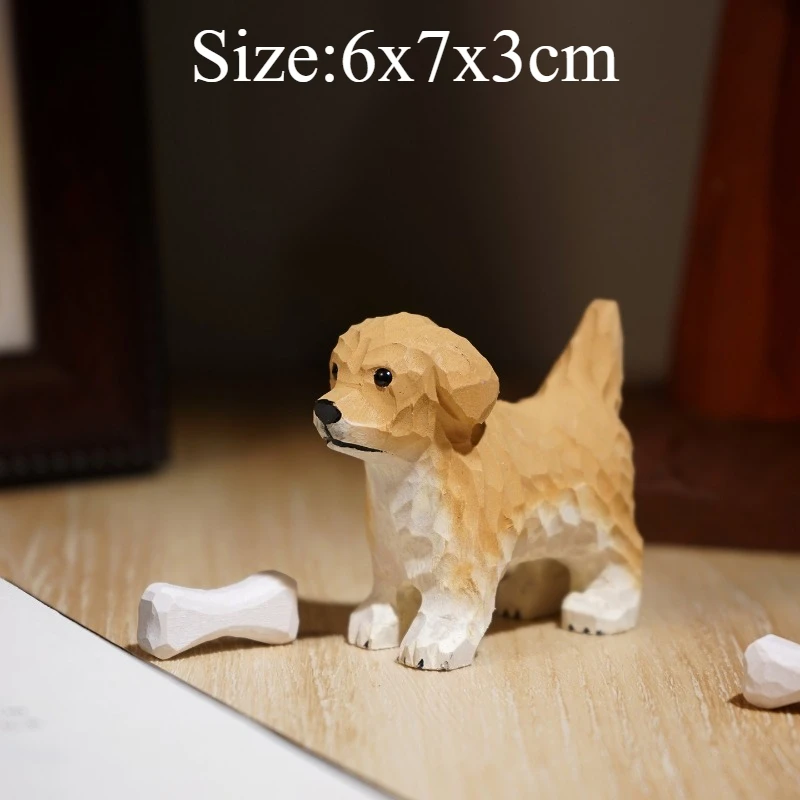 1 PC Handmade Wood Carved Golden Retriever Puppy Miniatures Ornament Cute Desk Pet Creative Wooden Animal Gift Home Decoration